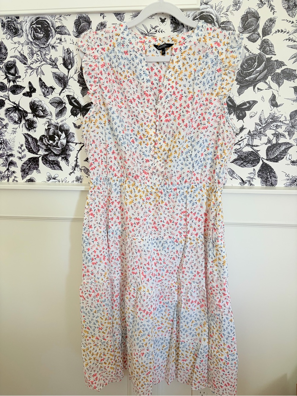 George White Midi Dress with Pink, Blue & Yellow Floral Print